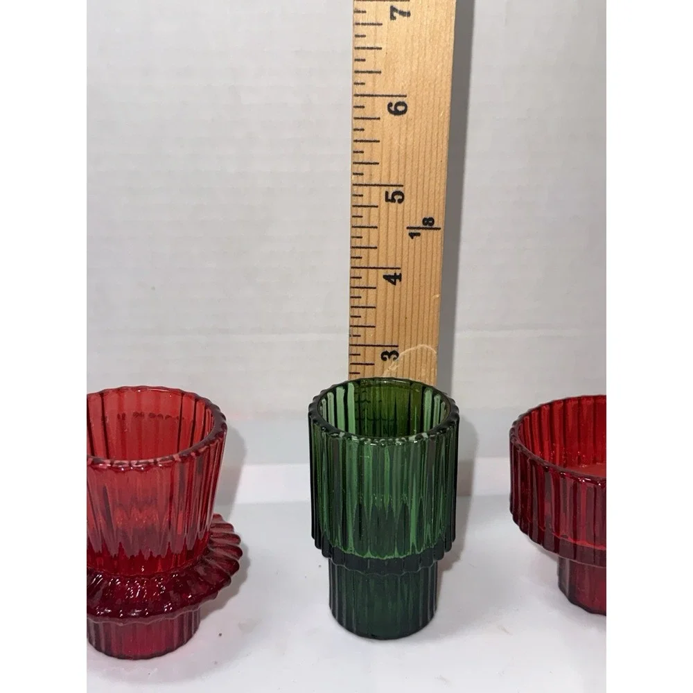 4 Candle (Taper or Votive) Or Toothpick Holders Glass Green & Red Christmas